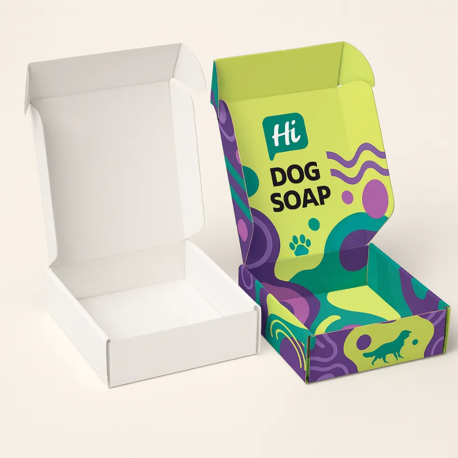 Wholesale custom mailer boxes for dog soap- one plain- one printed with a vibrant abstract pattern- class=